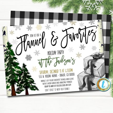 "Flannel and Favorites! Favorite Things Christmas Party Black White Check Buffalo Plaid Invitation Editable Template. Use this holiday Christmas party for your festive holiday event! All text is editable so you can make it read what you wish. TEMPLATE FORMATTED SIZES: 5\" x 7\" (Invite) Front + Back IMPORTANT: This is a DIY self-editing digital, printable product - I do not edit this file for you. However, I do offer editing services at an extra charge, please reach out if you are interested. * Favorite Things Christmas Party, Favorite Things Party Invitation, Favorites Party, Favorite Things Party, Staff Party, Swap Gifts, Party 2023, Holiday Christmas Party, The Jacksons