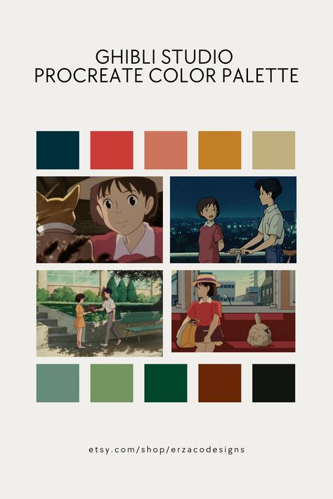 🎨✨ Inspired by the enchanting world of Studio Ghibli, this color palette offers a mesmerizing range of shades to bring your digital art to life. 🌈🎥 Elevate your illustrations, character designs, and digital paintings with these carefully curated colors. 🖌️💫 Whether you're a professional artist or a passionate hobbyist, this Procreate color palette is a must-have for adding depth and vibrancy to your artwork. 🌟🎨 Don't miss out, grab this Procreate color palette now! Studio Color Palette, Movie Color Palette, Procreate Color Palette, Christmas Color Palette, Cinema Colours, Ghibli Studio, Concept Art Tutorial, Color Script, Color Schemes Colour Palettes