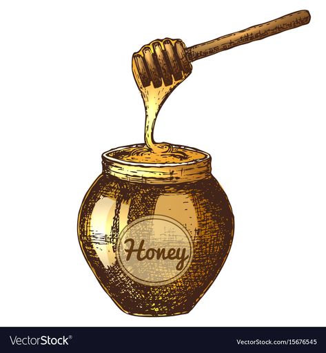 Nature, Small Honey Jar Tattoo, Honey Drawing, Spoon Drawing, Honey Bee Tattoo, Honey Spoons, Wine Logo, Hand Carved Rubber, Organic Nature