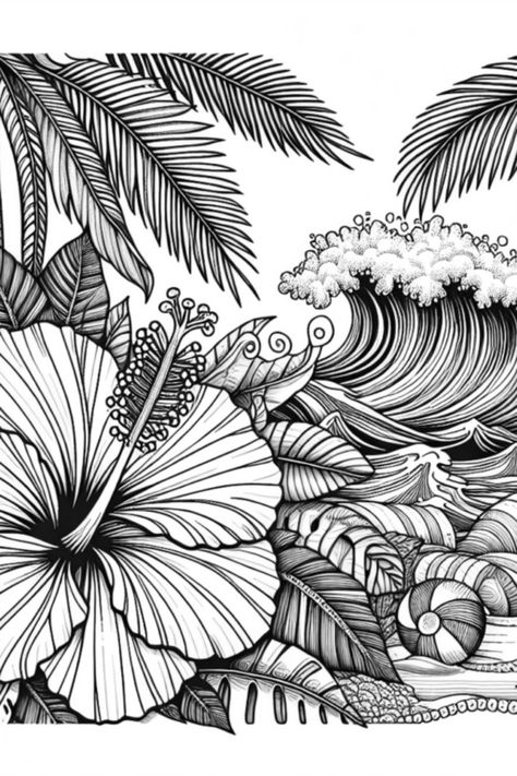 Escape to a serene tropical beach paradise with this coloring page. Get lost in coloring a beautiful hibiscus, palm trees, seashells, and waves. Let your creativity flow in creating the perfect oasis getaway in colors. Tropical Coloring Pages, Potted Orchid, Sunflower Coloring Pages, Beach Coloring Pages, Printable Flower Coloring Pages, Garden Coloring Pages, Printable Flower, Tree Coloring Page, Tulips Garden