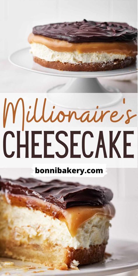 This Millionaire's cheesecake is a twist on the classic Scottish traybake - Millionaire's shortbread. It has a shortbread base, a creamy no-bake cheesecake filling and is topped with gooey caramel and chocolate ganache. It's a truly decadent dessert that will impress your guests! Great for caramel lovers, cheesecake lovers and chocolate lovers! #cheesecake, #millionairescheesecake #cheesecakeideas #nobakecheesecake #millionairesshortbread #carameldesserts #caramelshortcake #caramelshortbread Dime Bar Cheesecake, No Bake Millionaire Cheesecake Bars, Millionaire Cheesecake Salad, Millionaires Cake Recipe, Bar One Cheesecake, Top Cheesecake Recipes, Taste Of Home Cheesecake, Best Caramel Dessert Recipes, Sweet Treat Recipes Deserts