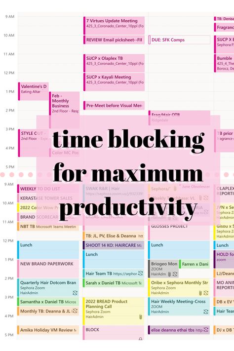 Read more about how to stay productive & how effectively adapt time blocking your calendar each week! Organisation, Organize Outlook Calendar, Time Blocking Apple Calendar, Outlook Calendar Color Scheme, Time Blocking Work Schedule, General Manager Tips, Time Blocking With Outlook, Time Blocking Tips, Realtor Time Blocking