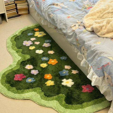 Cute colorful blooming flowers on green lawn irregular shaped tufted bedside accent rug. Featuring thick tufted fiber and anti-slip back surface, this rug can be used as a door mat, bathroom mat or just an accent rug in your bedroom or living room. Will be perfect accent for preppy aesthetic and many other rooms. Super soft and fluffy surface made of thick polyester microfiber Sizes: 23.6x47in (60x120cm), 27.5x59in (70x150cm) Material: 100% Polyester Anti-Slip bottom for using as a bath mat Care Small Green Rug, Green And Gold Apartment Decor, Cute Aesthetic Blankets, Paint A Rug, Furniture Cute, Whimsical Rug, Moth Rug, Rugs For Bedroom Aesthetic, Funky Rugs Bedroom