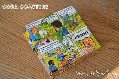 DIY Comic Book Cork Coasters Diy Comic Book, Comic Book Crafts, Diy Comic, Wine Cork Coasters, Diy Cork, Quilted Coasters, Diy Gifts For Dad, Cork Diy, Diy Coasters