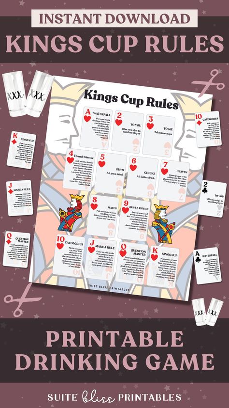 Kings Cup Rules, Kings Cup, Drinking Games For Couples, Drunk Jenga, Printable Playing Cards, Creative Date Night Ideas, Date Night Jar, Games For Couples, King Cup