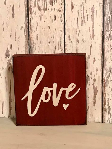 Love With Heart Block Shelf Sitter-5.5" square Wood Block Ideas, Primitive Valentine Decor, Valentine Wood Crafts, Circuit Maker, Primitive Wood Signs, Primitive Home Decor, Heart Blocks, Diy Website, Wood Home