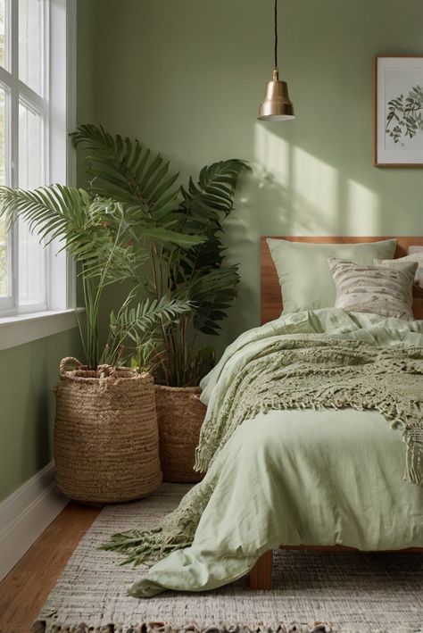 Want to infuse seasonal colors into your bedroom effortlessly? Discover budget-friendly tips for a stunning decor update without redecoration. #ad     #Colortrend #wallpaint2024  #color2024  #DIYpainting  ##DIYhomedecor  #Fixhome Benjamin Moore Soft Fern, Forest Bedroom, Japandi Bedroom, Boho Scandinavian, Zen Bedroom, Redecorate Bedroom, Green Home, Bedroom Decoration, Accent Walls