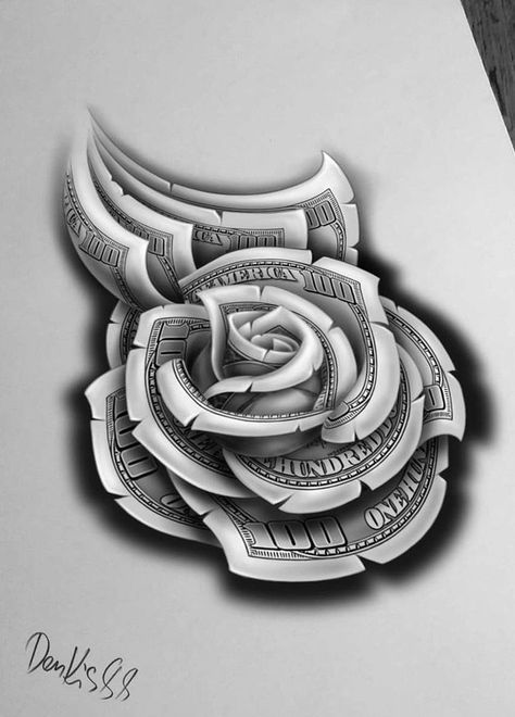 Money Flower Tattoo Designs, Rose Dollar Tattoo Design, 100 Dollar Bill Tattoo Designs Stencil, Money Rose Tattoo For Men, Dollar Rose Tattoo Design, Money Rose Drawing, Money Flower Tattoo, Dollar Tattoo Design, Money Rose Tattoo Design