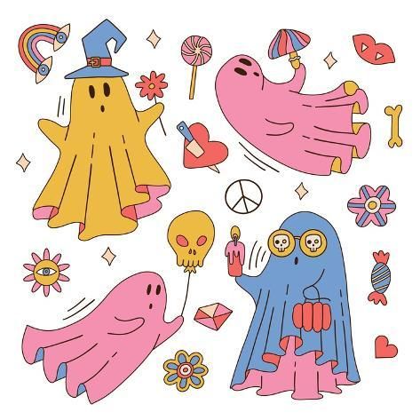 size: 16x16in Photographic Print: Big Set of 70S Halloween Psychedelic Ghosts Characters. Retro Groovy Graphic Clipart Elements in Hi by Svetlana Shamshurina : Groovy Halloween Decor, Spooky Graphic Design, Hippie Halloween Decor, Retro Halloween Wallpaper, Kawaii Halloween Art, Retro Halloween Aesthetic, Halloween Shuffle, Cutesy Halloween, 70s Halloween