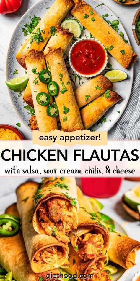 Crispy chicken flautas are a family favorite Mexican appetizer made with creamy seasoned chicken rolled and baked inside a crispy tortilla. #chicken #flautas #appetizer Mexican Appetizers Easy, Diethood Recipes, Flautas Recipe, Tortilla Chicken, Mexican Appetizer, Easy Dinners For Kids, Mexican Food Recipes Appetizers, Taco Boats, Easy Make Ahead Appetizers