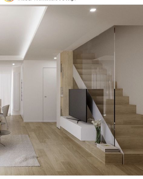 Stairs Inside Living Room, Middle Room Staircase, Understairs Tv Unit Living Rooms, Living Room With Mezzanine, Interior Design Under Stairs, Staircase In Living Room, Staircase Glass, Tv Cabinet Design Modern, تحت الدرج