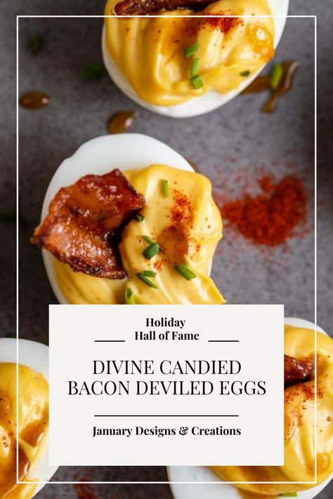 Deviled Eggs With Bacon Jam, Deviled Eggs Recipe Best Bacon, Deviled Eggs Candied Bacon, Candied Bacon Deviled Eggs, Bacon Jam Deviled Eggs, Deviled Eggs With Candied Bacon, Maple Bacon Deviled Eggs, Carmelized Bacon, Holiday Deviled Eggs