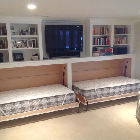 Transitional Basement, Renovation Process, Tv Built In, Modern Murphy Beds, Floor Designs, Murphy Bed Diy, Murphy Bed Plans, Basement Renovation, Basement Makeover