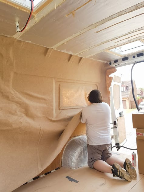 We decided that rather than paneling the van walls with wood, we would carpet it to get a better finish... Van Walls, Sprinter Van Camper, Camper Van Ideas, Van Wall, Kombi Home, Camper Hacks, Conversion Van, Van Conversion Interior, Campervan Interior