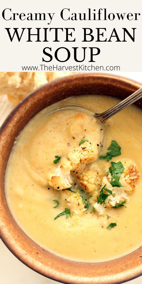 Cauliflower And White Bean Soup, Cauliflower And Bean Soup, Keto Bean Soup Recipes, Cauliflower White Bean Soup, Carrot Cauliflower Soup, White Kidney Bean Recipes, Cauliflower Recipes Soup, Crockpot Cauliflower Soup, Creamy Bean Soup