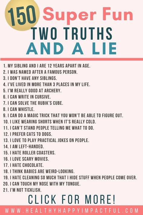 White Lie Ideas, 2 Truths And A Lie, Two Truths And A Lie, Funny Games For Groups, The Good Lie, Fun Sleepover Games, Wallpapers Funny, Dinner Party Games, Truth Ideas