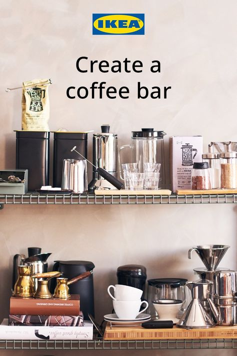 Keep your brewing equipment close and make your own kitchen coffee bar. Coffee Pot Storage, Tiny Kitchen Coffee Station, Ikea Coffe Bar, Bror Ikea Coffee Bar, Ikea Coffee Bar Ideas, Dining Room Coffee Station Ideas, Living Room Coffee Bar, Nespresso Coffee Station Ideas Countertop, Home Coffee Bar Ideas Small Spaces