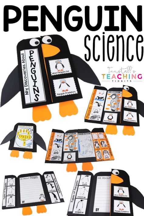 Penguin School Project, Penguin Facts Preschool, Penguin Name Craft, Penguin Projects For Kids, Penguin Science Experiment, Mr Poppers Penguins Activities, Penguin Adaptations, Gingerbread Science, Penguin Bulletin Board