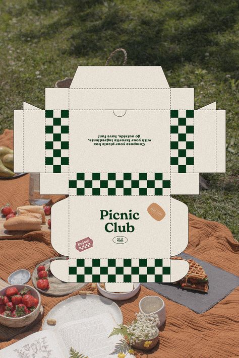 Packaging and brand identity design for a pop-up picnic service with a retro vibe. Playful and vintage branding by Mia Dellore Design Studio. Cool Box Packaging Design, Retro Box Packaging Design, Take Out Packaging Design, Picnic Box Packaging, Vintage Food Packaging Design, To Go Packaging Design, Retro Box Design, Retro Product Packaging, Graphic Designer Brand Identity