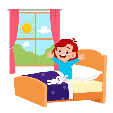 Happy cute little kid girl wake up in th... | Premium Vector #Freepik #vector #girl #cartoon #comic #kid Up Cartoon, Daily Routine Activities, Kids Routine Chart, Wake Up In The Morning, Flashcards For Kids, Morning Cartoon, Kids Clipart, Kids Sleep, How To Wake Up Early