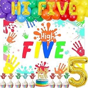 Hi Five Birthday Party Ideas, Hi Five Birthday, Foil Cake, Preschool Graduation Party, Parties Themes, Hi Five, Preschool Graduation, Rainbow Balloons, Birthday Toys