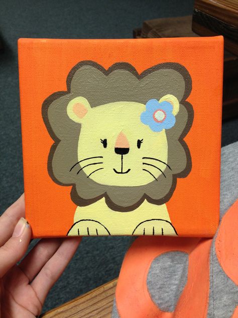 Cute Lion Painting, Lion Easy Painting, Lion Canvas Painting Easy, Lion Painting Easy, Lion Canvas Painting, Baby Room Paintings, Kids Lab, Kids Painting Party, Kids Canvas Painting