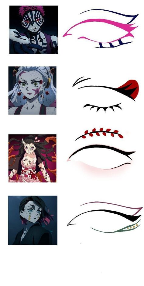 Anime Eyeliner Ideas, Demon Slayer Hair Styles Ideas, Demon Slayer Eyeliner, Anime Inspired Eyeliner, Anime Eyeliner Styles, Demon Slayer Make Up, Anime Inspired Makeup Looks, Simple Anime Nail Ideas, Demon Slayer Hair Styles Drawing