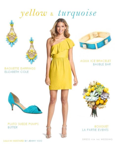 Yellow Dress and Turquoise Accessories Accessories Yellow Dress, Yellow Dress Accessories, Yellow Shoes Outfit, What Jewelry To Wear, Yellow Dress Shoes, Yellow Dress Outfit, Turquoise Accessories, Yellow Wedding Dress, Turquoise Bridesmaid Dresses