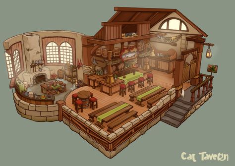 ArtStation - Cat Tavern Dnd Tavern Exterior, Tavern Floor Plan, Valheim Crafting Area, Medieval Tavern Concept Art, Minecraft Tavern Ideas Interior, Tavern Minecraft Ideas, Fantasy Tavern Concept Art, Minecraft Medieval Tavern Interior, Minecraft Fantasy Tavern