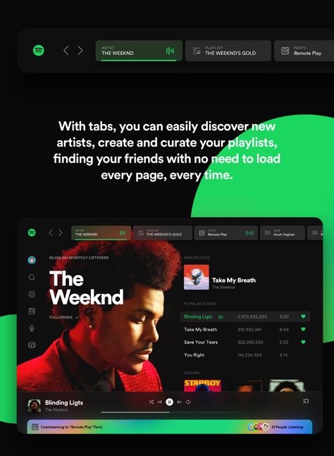 Spotify Reimagined - CONCEPT on Behance Spotify Website Design, Spotify Design Ideas, Spotify Presentation, Spotify Graphic Design, Spotify Redesign, Spotify Board, Tech Presentation, Music Presentation, Product Design Sketch