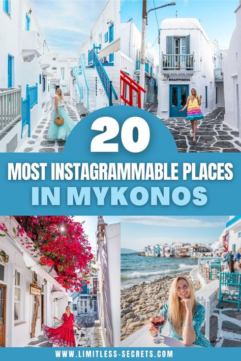 Discover here a wide list of 20 most instagrammable Discover here a wide list of 20 most instagrammable places in Mykonos with their exact location! Mykonos in the Cyclades is one of the most famous Greek Islands. It’s very popular for its nightlife and its good vibes. But it’s also very photogenic and it’s full of picturesque spots! 
If you are wondering what are the best places to visit in Mykonos, this travel guide will also help you! Enjoy all the best Instagram photo spots in Mykonos! Mykonos Photo Ideas, Dana Berez, Grecia Santorini, Greece Photography, Instagram Locations, Mykonos Town, Best Instagram Photos, Greece Travel Guide, Greece Vacation