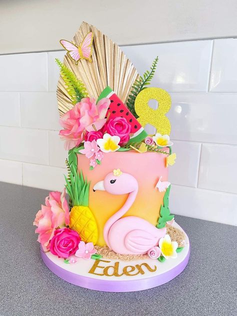 Tropical Flamingo Cake, Tropical Birthday Theme, Summer Party Cake, Tropical Birthday Cake, Hawaiian Cake, Tropical Theme Party, Tropical Birthday Party, Flamingo Cake, Hawaiian Birthday Party