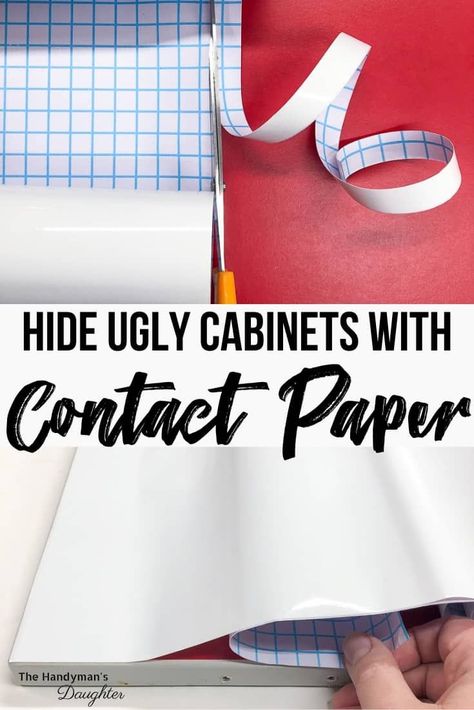 Cabinet Contact Paper Kitchen, Rental Friendly Cabinet Makeover, Hide Ugly Cabinets, White Contact Paper Cabinets, Renter Friendly Upgrades Rental Kitchen Cabinets, Contact Paper Kitchen Cabinets Diy, Cover Cabinets With Contact Paper, Peel And Stick Cabinet Covers Diy, Cabinet Covering Ideas