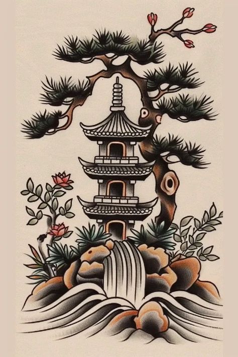 Tattoo idea: tattoo sketch A tranquil Japanese garden with a Wester 10 American Traditional Landscape Tattoo, Tattoo Ideas Japanese Style, Japanese Garden Tattoo, 5150 Tattoo, Pagoda Tattoo, Japanese Sketch, Japanese Temple Tattoo, Bonsai Tattoo, Japanese Traditional Tattoo