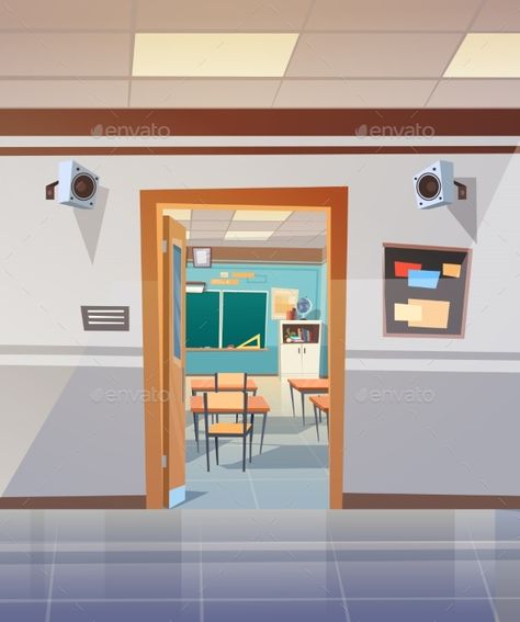 Empty School Corridor With Open Door To Class Room Flat Vector Illustration Backgrounds School, School Corridor, Classroom Background, Gacha Backgrounds, School Bathroom, Episode Interactive Backgrounds, School Hallways, Episode Backgrounds, School Illustration