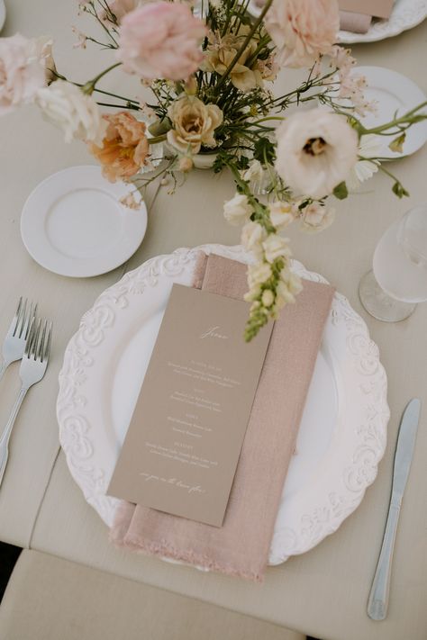 Charger Plate Set Up, Wedding Dinner Napkin Ideas, White Chargers Wedding, Neutral Charger Plates, Wedding Table Neutral, Blush Tablescape Wedding, Light Pink Napkins Wedding, Napkin On Charger Plate, Menu At Wedding Table Settings