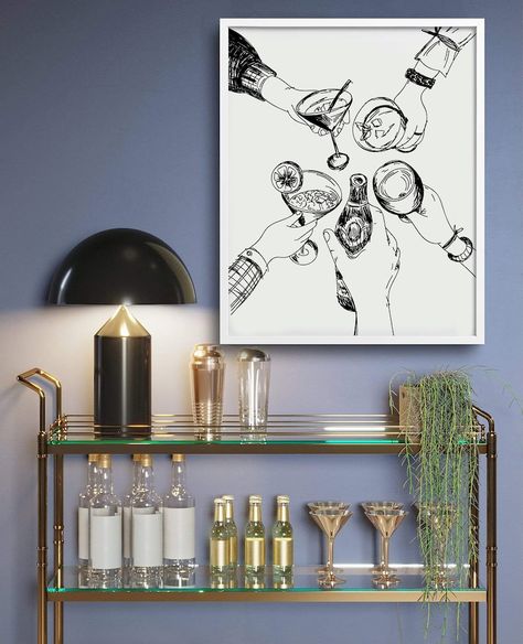 Cheers Print / Cheers Wall Art / Bar Cart Wall Decor / - Etsy Brasil Wall Art Above Bar Cabinet, Wall Art Bar Area, Bar Wall Decor Ideas For Home, Dry Bar Decor, Bar Wall Art Ideas, Bar Cart Artwork, Bar Wall Decor Ideas, Bar Artwork Decor, Bar Cart Signs