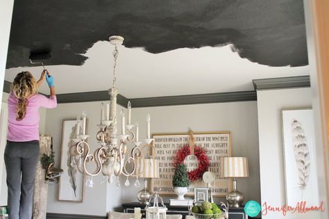 Room With Black Ceiling, Painted Black Ceiling, Diy Ceiling Paint, Dark Painted Ceiling, Hallway Ceiling, Dark Dining Room, Dark Ceiling, Deck Makeover, Black Rooms