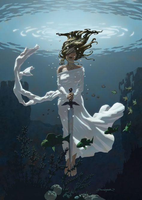 The Lady in the Lake with Excalibur Astrologer Aesthetic, Underworld Goddess, Magical Childhood, Sea Witch, Under Water, Arte Fantasy, Art And Illustration, Fantasy Inspiration, 영감을 주는 캐릭터