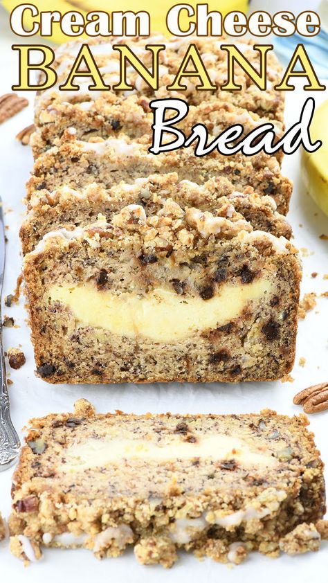 Banana Nut Cheesecake Bread, Banana Cream Cheese Bread Recipe, Loaded Banana Bread, Banana Cream Cheese Crumb Cake, Banana Cream Cheese Coffee Cake, Cream Cheese Stuffed Banana Bread, Banana Bread Recipe Cream Cheese Filling, Banana Bread Cream Cheese Filling, Canned Banana Bread