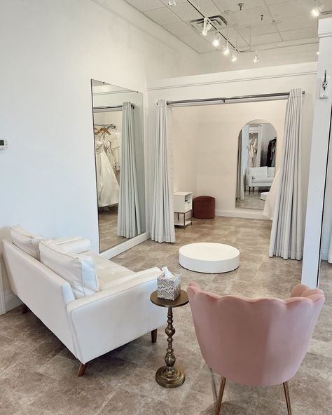 And this is where we play dress up and wear pretty dresses ✨🤍 #couturebridal #2024bride #arkansasbride #arkansas #bride #bridestylist #wedding #bridalsalon #weddingdress #bridalboutique #ballgown #nwa #weddingtiktok Bridal Shop Decor Interiors, Alterations Shop Interior, Small Bridal Boutique Interior Design, Prom Store Interior, Bridal Store Interior Design, Bridal Shop Aesthetic, Bridal Studio Interior, Bridal Getting Ready Room, Bridal Boutique Interior Design