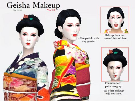 Sims 4 Japanese Cc, Kimono Hakama, Skin Piercing, Geisha Makeup, Female Costume, Sims 4 Anime, Sims 4 Cc Makeup, Sims 4 Cc Skin, Face Paint Makeup