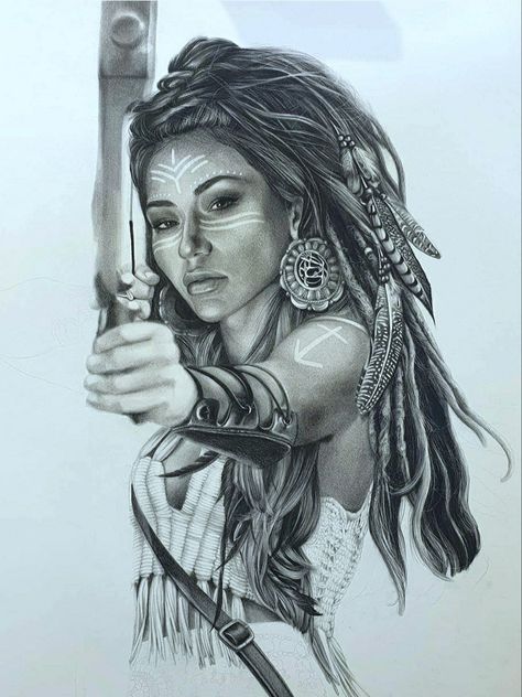 Native American Indians Women Drawing, Female Native American Tattoos, American Indian Sketch, Indian Warrior Princess Tattoo, Headdress Tattoo Female, Native Woman Tattoo, Indian Tattoo Sleeve, Native American Woman Drawing, Indian Tattoos For Women Native