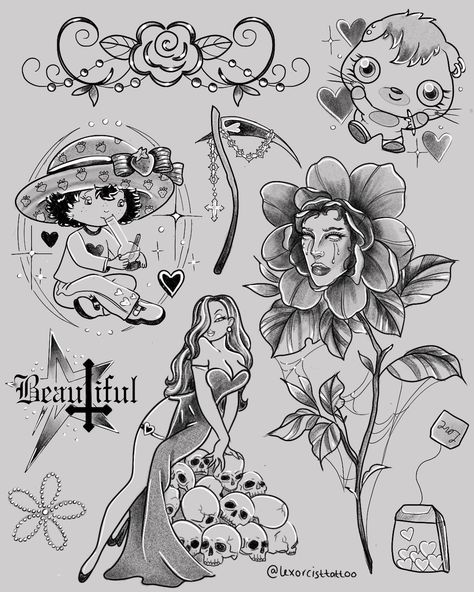 New flash sheet 🍓💨 Keen to book? Dm me or call/dm my studio @fullspectrumtattoo ✨ 🫧USE CODE “LEXORCIST10” for 10% off AFTERCARE COLLECTIVE ✨ @aftercare_collective #tattoo #y2k #melbournetattoo #finelinetatoo #flashtattoo #y2ktattoo Tattoo Practice Sheet, 90s Flash Tattoo, Dainty Tats, Tattoo Ideas Stencil, Y2k Tattoos, Flash Tattoo Sleeve, Flash Sheet Tattoo, Tattoo Y2k, Traditional Tattoo Flash Sheets