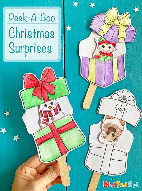 Pop Up Christmas Gift Printables - Red Ted Art - Easy Christmas Crafts Christmas Gift Printables, Peek A Boo Cards, Easy Kids Christmas, Pop Up Christmas Cards, Puppet Craft, Kids Christmas Crafts Easy, Christmas Colouring, Red Ted Art, Christmas Pops