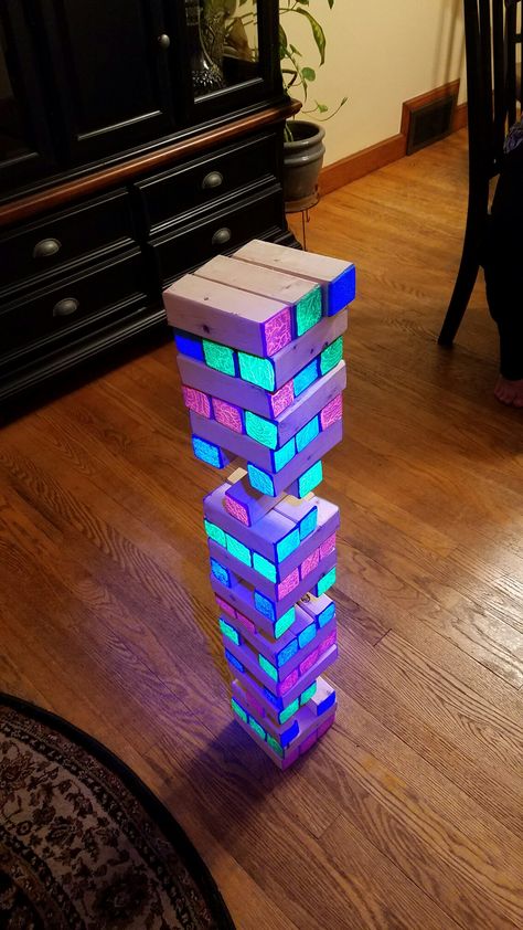 Black Light Jenga Glow In The Dark Jenga, Light Transformation, Jenga Diy, Black Light Room, Ghostbusters Birthday, Ghostbusters Birthday Party, 80's Prom, Glow Night, Blacklight Party