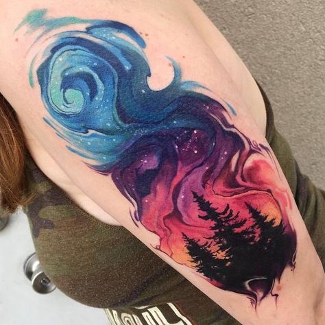 blue-pink-purple-red-orange-sky-above-tall-trees-space-tattoo-ideas-shoulder-tattoo Tree Tattoo Color, Outer Space Tattoos, Colorful Tattoo, Sunset Tattoos, Kunst Tattoos, Galaxy Tattoo, Disney Tattoo, Initial Tattoo, Space Tattoo