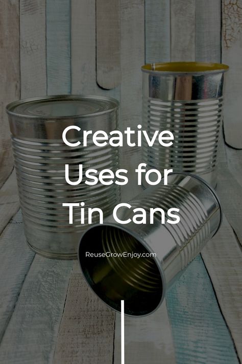 Three tin cans on a wooden surface with text overlay "Creative Uses for Tin Cans" from ReuseGrowEnjoy.com. Tin Can Organizer, Coffee Cans Crafts Ideas, Crafts With Cans Ideas, Tin Can Crafts Diy Upcycle, Repurpose Tin Cans, Tin Can Crafts Diy, Tin Can Lights, Coffee Can Crafts, Tetley Tea