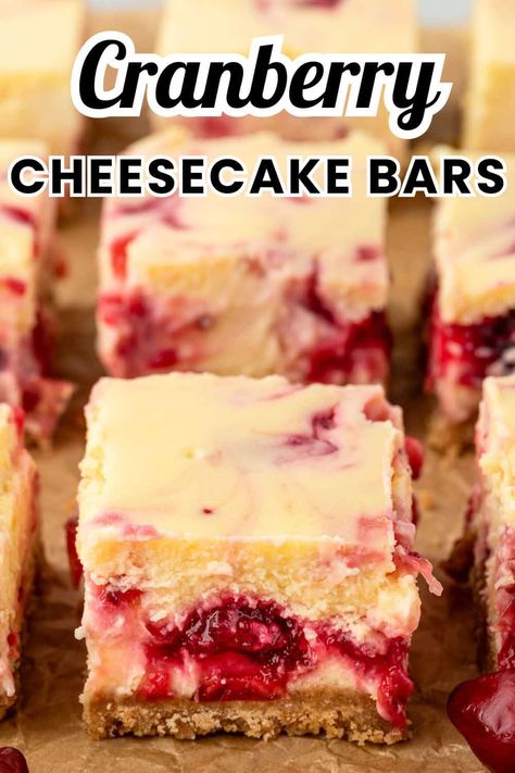 Cranberry white chocolate cheesecake bars are a holiday must! Creamy cheesecake, tart cranberry swirl, and a buttery crust make this festive dessert irresistible. Perfect for parties and make-ahead planning! Cranberry Delight Dessert, Cranberry Bars With Cream Cheese, Cranberry Desserts Christmas, Cranberry Deserts, Easy Cranberry Cheesecake, Cheesecake Bars 9x13, Christmas Cheesecake Bars, White Chocolate Cranberry Cheesecake, Cranberry Dessert Recipes