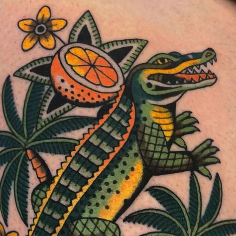 Florida Theme Tattoo, Florida Gator Tattoo Ideas, Florida Panther Tattoo, Old Florida Tattoo, Swamp Tattoo, Florida Themed Tattoos, Florida Flash Tattoo, Florida Swamp Tattoo, Vintage Florida Tattoo